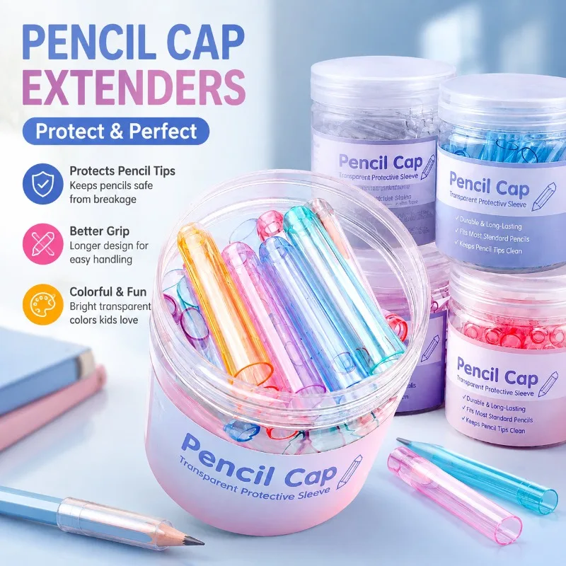 Multi‑colored Transparent Extended Pencil‑cap Protective‑sleeve Simple‑styled Student‑use Pen‑cover Grip‑assisting Holder