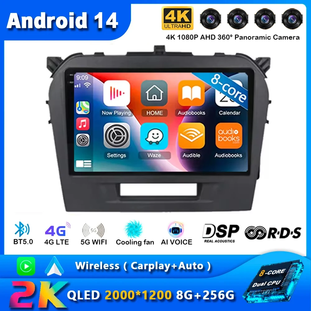 Android 14 Auto Carplay Car Radio For Suzuki Vitara 2015-2019 Navigation GPS Multimedia Player Stereo WiFi+4G DSP BT 360 Camera