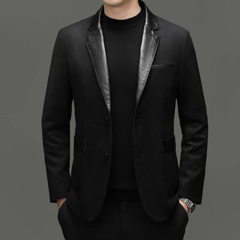 Suede Cowhide Patchwork Blazers For Men Luxurious Suit Jackets Autumn Top Quality Soft Comfortable Draping Cutting Blazer Hombre