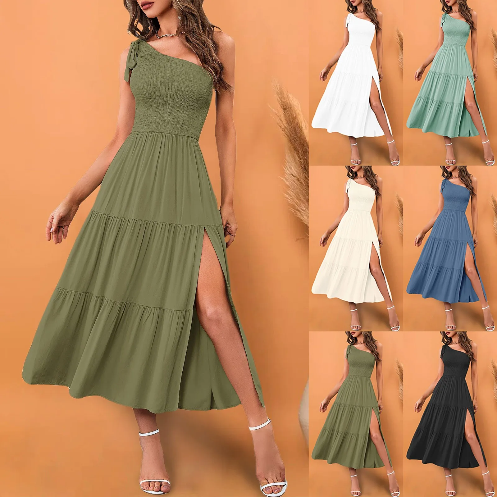 

2024 Summer Dresses Sexy Cocktail Midi Length Skirts Solid Color One Shoulder Hem Slit Dresses Casual Evening Party Female Dress