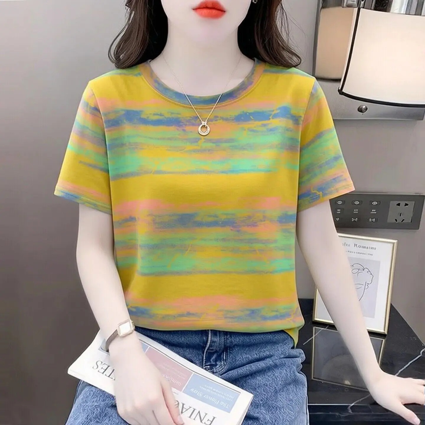 

Women's Loose Short Sleeve T-Shirt with Tie Dye Rainbow Pattern Casual Summer Top Comfortable Cotton Blend Tee for Beach and