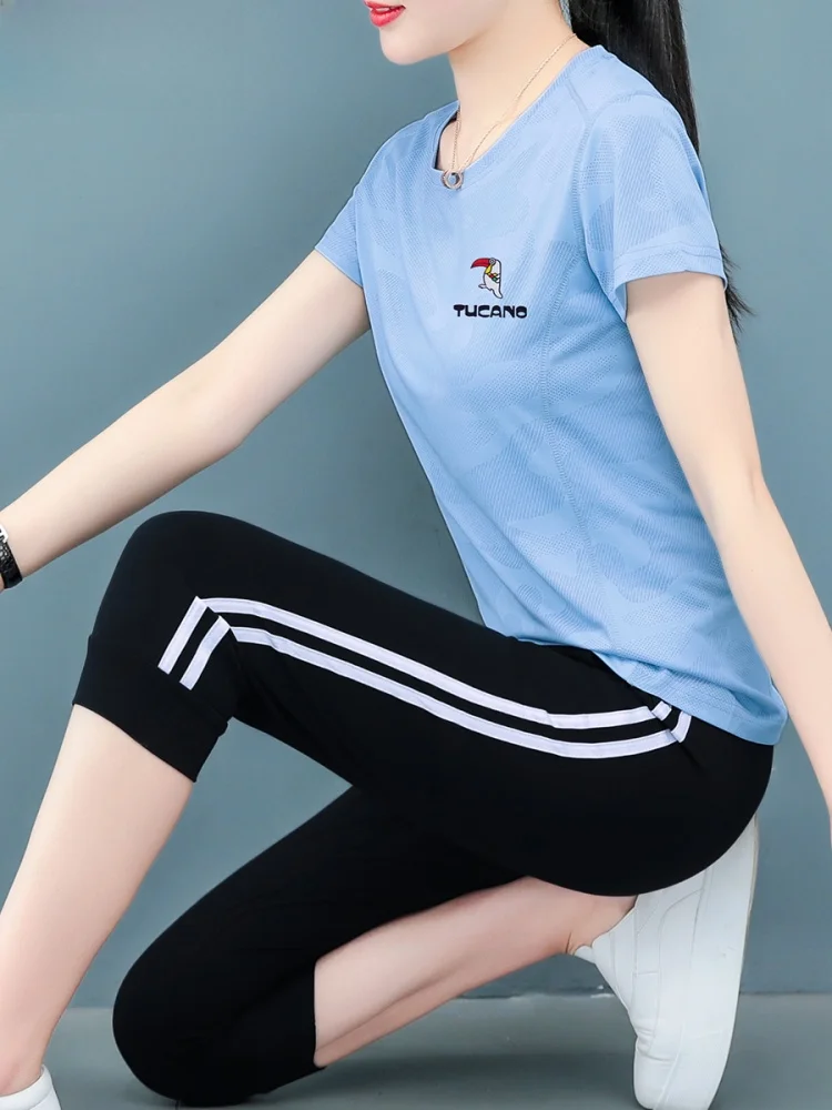 

TUCANO Ice Silk Sports Set Women Summer Sli Loose Thin Qui Dry Casual Fitn Running Suit Two Piece Set round Ne o...