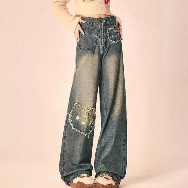 Fried Street Embroidered Jeans Women Spring  Autumn New Loose Design Sense Meat Covering Wide Leg Pants Female Denim Long Pants