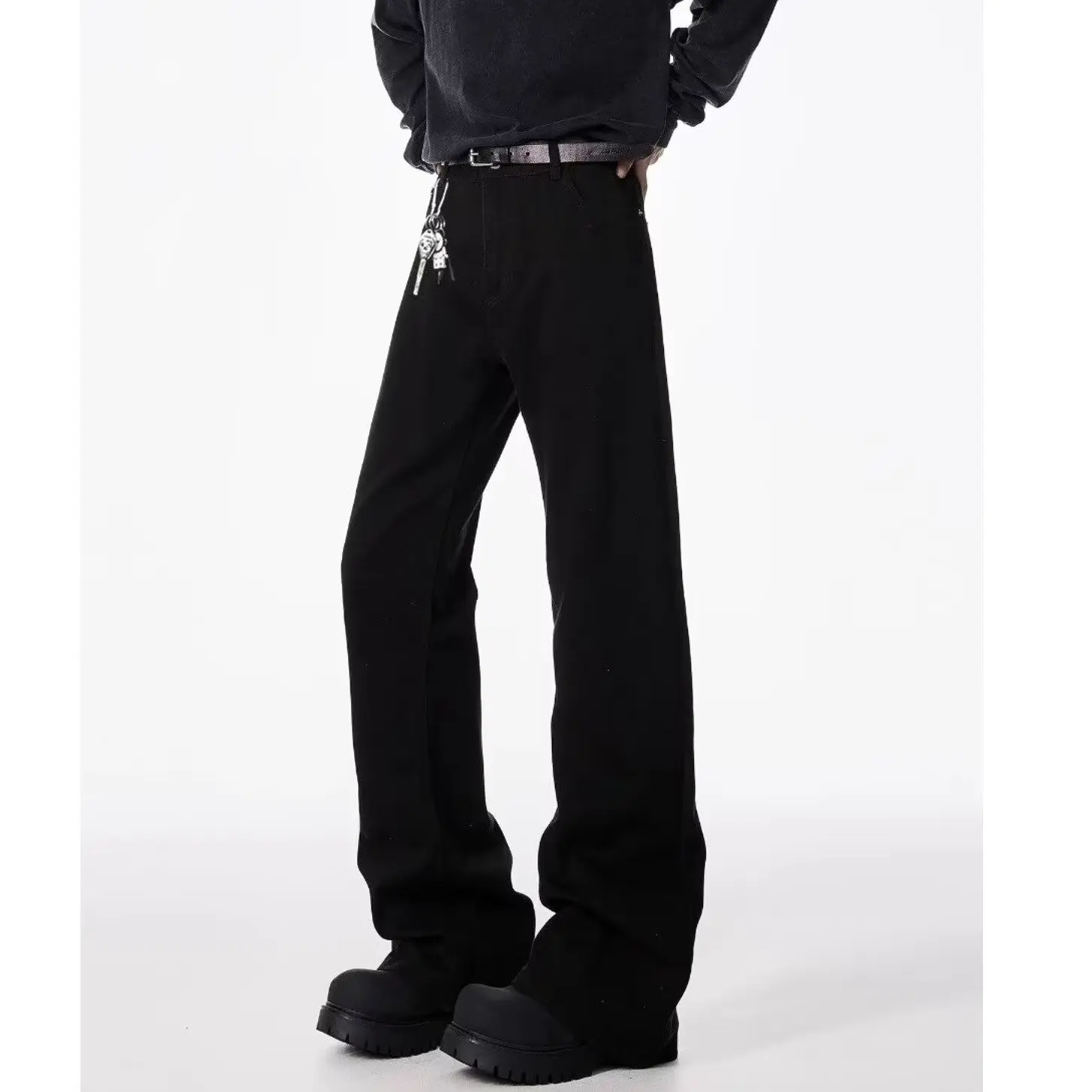 

Американские базовые потертые черные расклешенные джинсы, мужские эластичные прямые брюки, однотонные облегающие прямые брюки, универсальные брюки