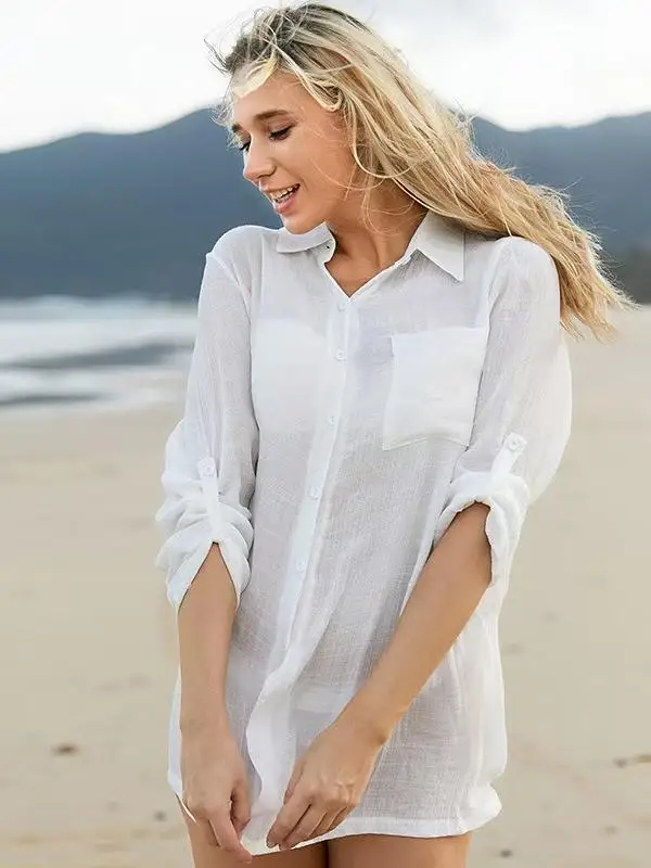 

Loose Women's Summer irt Beach Vaion Sun Protection Cover up Long Sve Ne Polyester Blend Casual Faion