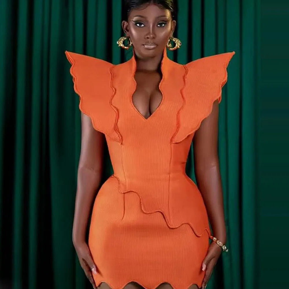 

Orange Mermaid Party Dress Uniques Shoulder Deep V Neck Above Knee Short Aso Ebi Women Evening Formal Wear Gowns