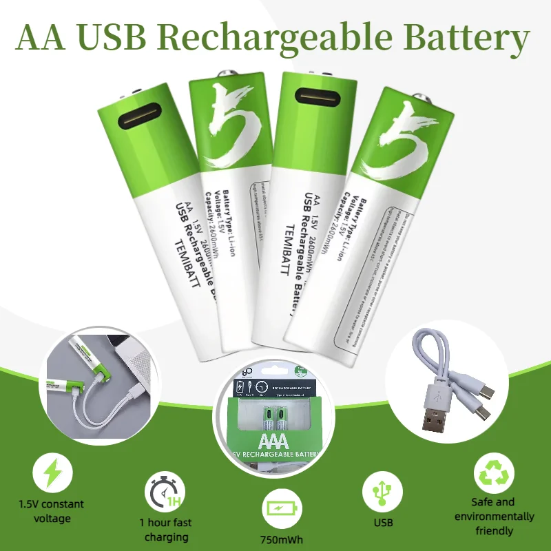 

USB Rechargeable AA Batteries 1.5V 2600mWh Li-ion Battery for Remote Control/Mouse/Electric Toys Fast Charging Long-Lasting