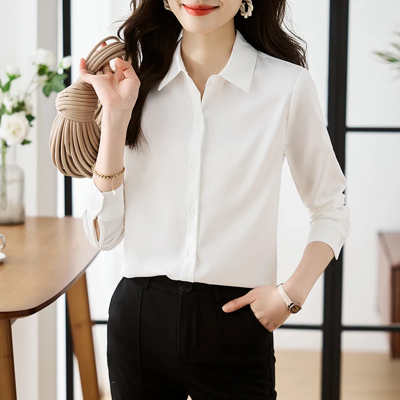 

Fashion Women Blouses 2025 Long Sleeve White Shirt Sweet Pink Blouse Office Lady Business Shirts Solid Women Work Blouses Tops
