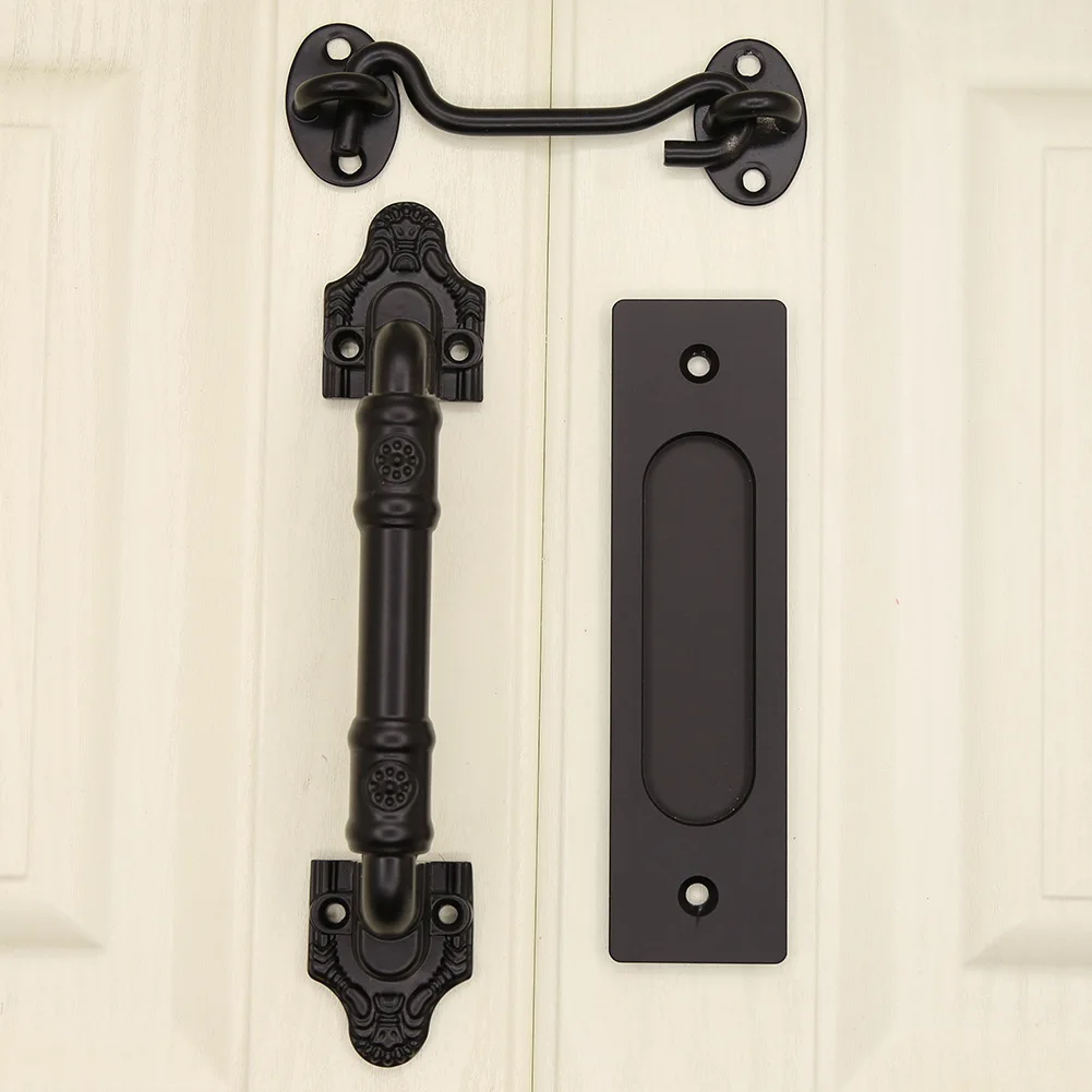 

Black barn door handle lock hook door hook set for large sliding barn doors. Easy to install without requiring a groove.