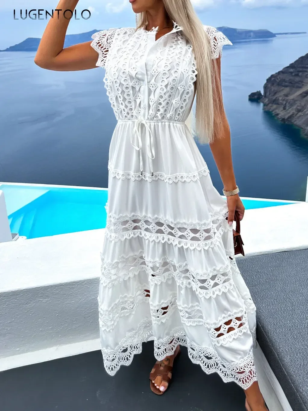 Women Lace Elegant Dress New Solid Sleeveless Lace-up High Waist Summer  Lady Big Swing O-neck Fashion Long Patchwork - AliExpress 200000345