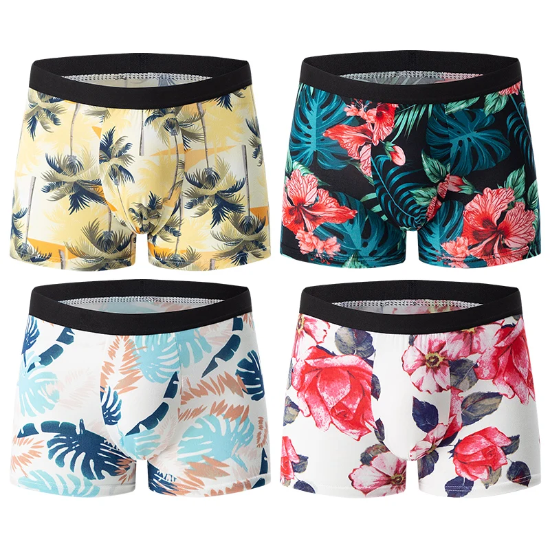 4-piece MEN'S Fashionable and Charming Flower Underwear Comfortable and Breathable Crotch Boxers Teenagers plus Size Underwear.