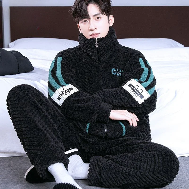 Male Winter Pajamas Coral Fleece Thickened Fleece-lined Teenagers Zipper Homewear Suit Men Stand Collar Warm Nightclothes Sets