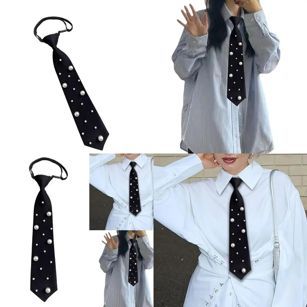 

39BB Pre Knotted Black Necktie With Artificial Pearls Detail Polyester Fabric Quick Wear Pre Tied Tie For Women’s Fashion