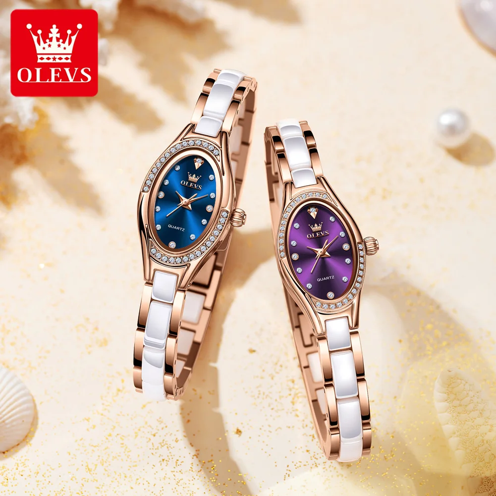 OLEVS 7131 Woman Watch Elegant Luxury Rose Gold Ceramic Strap Diamond Bezel Bracelet Wristwatch Original Quartz Watch for Women