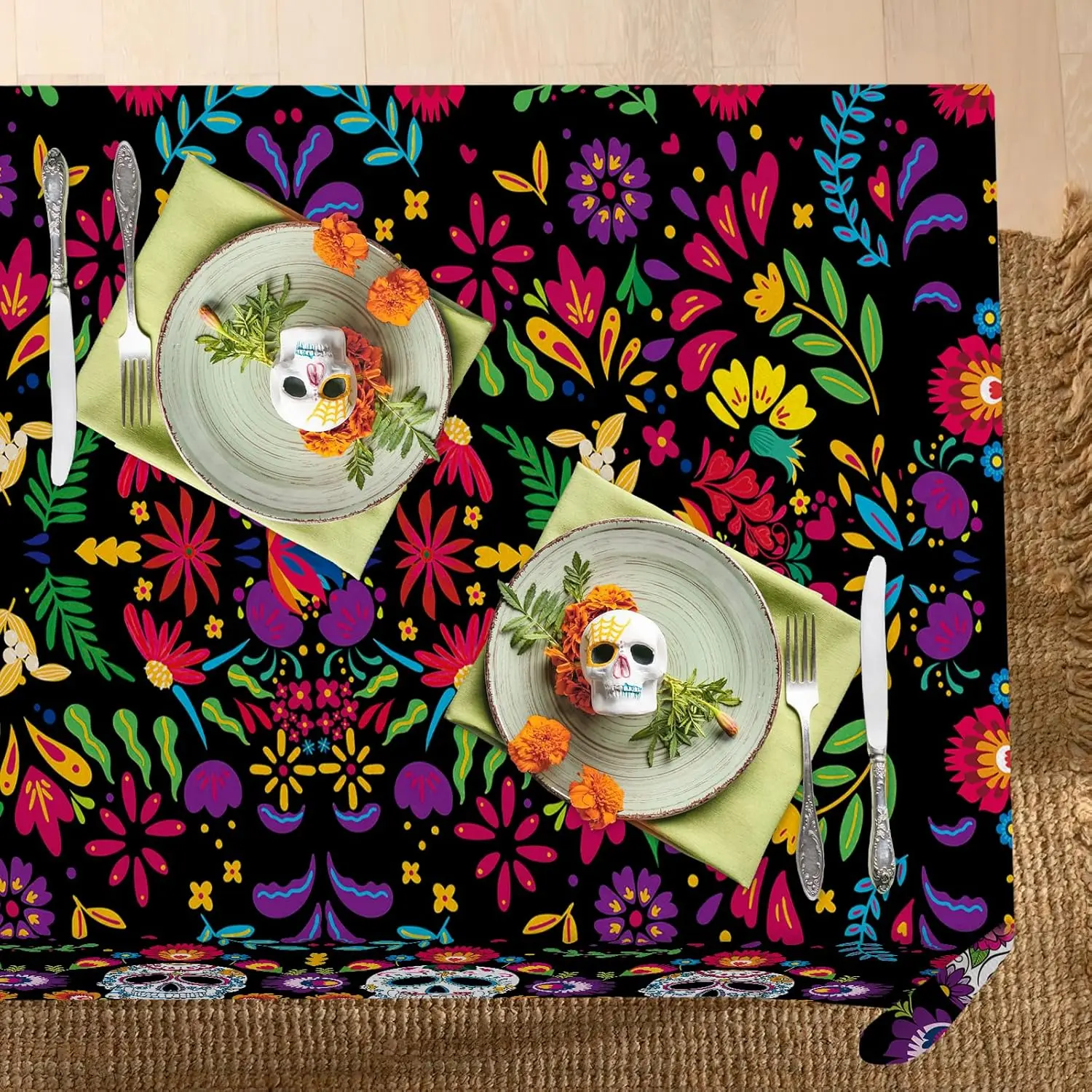 Dia De Los Muertos Sugar Skull Flower Rectangle Tablecloth Mexican Day of The Dead Kitchen Dining Table Cloth Fiesta Party Decor