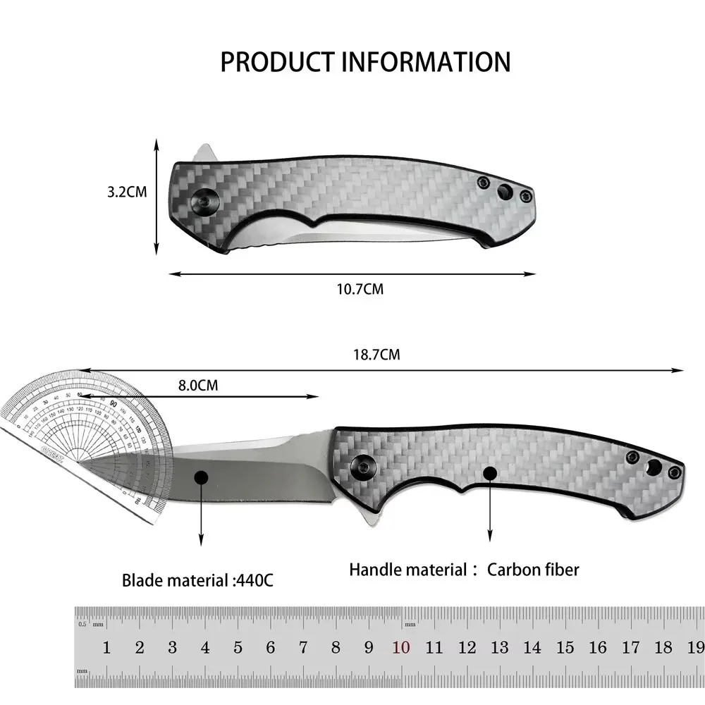 0450 CF Folding Knife 3.15” DLC-Coated 440C Blade Carbon Fiber Handle Scales KVT Ball Bearing Tactical Hunting EDC Tools