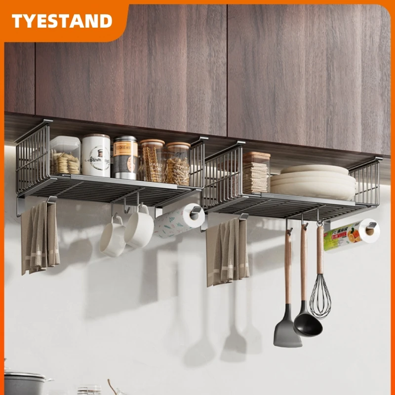 

Under Cabinet Hanging Basket with Kitchen Paper Towel Holder Stainless Steel Retractable Storage Organization with Hooks