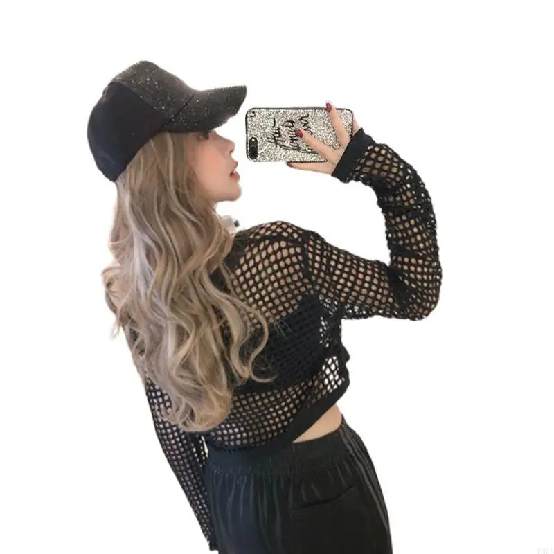 P88Bレディースサマーセクシーなシールメッシュ長袖Tシャツかぎ針編みホローアウトフィッシュアウトフィッシュアウト