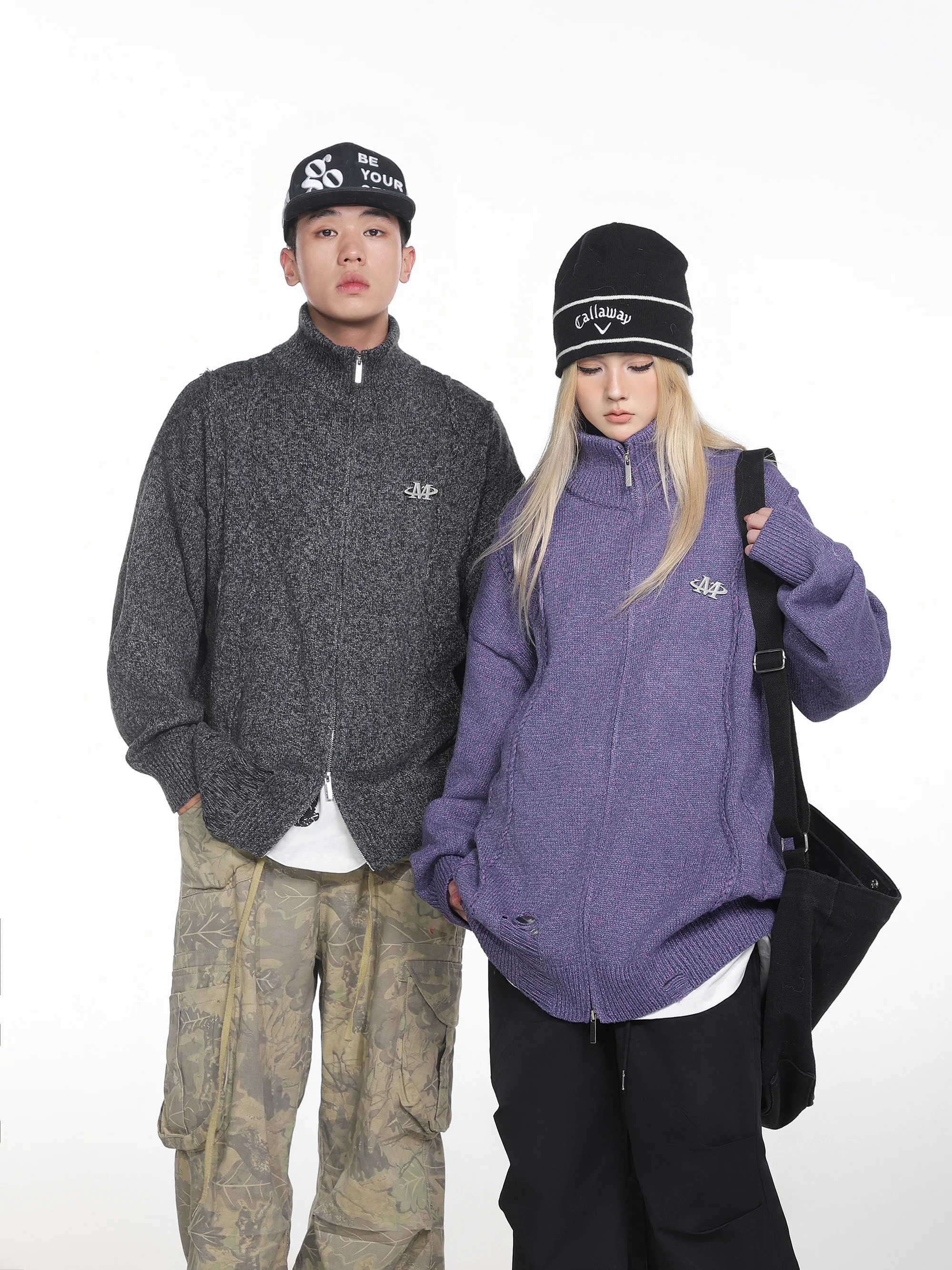 

25SS Американский зимний мужской и женский вязаный свитер с воротником-стойкой и молнией