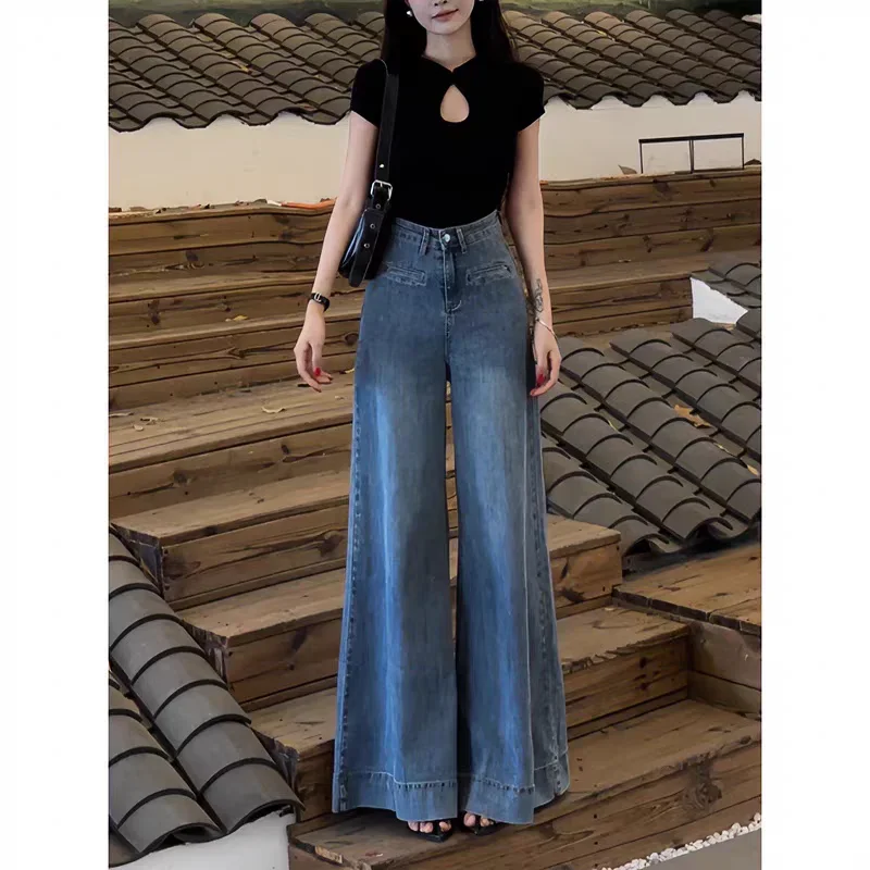 

Women's Vintage Street Style Blue Wide Leg Jeans American Fashion Denim Trousers Bottoms Female High Waist Straight Loose Pants