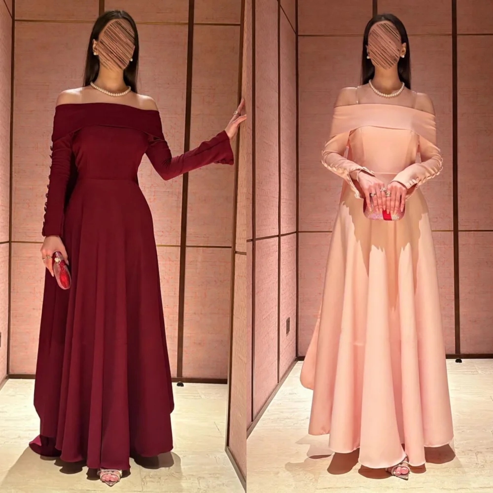 

Customized High Quality Jersey Pleat Flower Button A-line Boat Neck Long Dresses Bespoke Occasion Elegant Exquisite