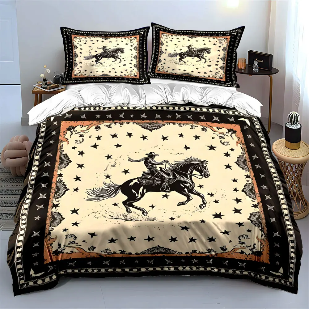 Cowboy Riding Horse with Starry Background Printed Duvet Cover Set 1 Duvet Cover+2 Pillowcase Multi Size Bedroom Bedding Decor