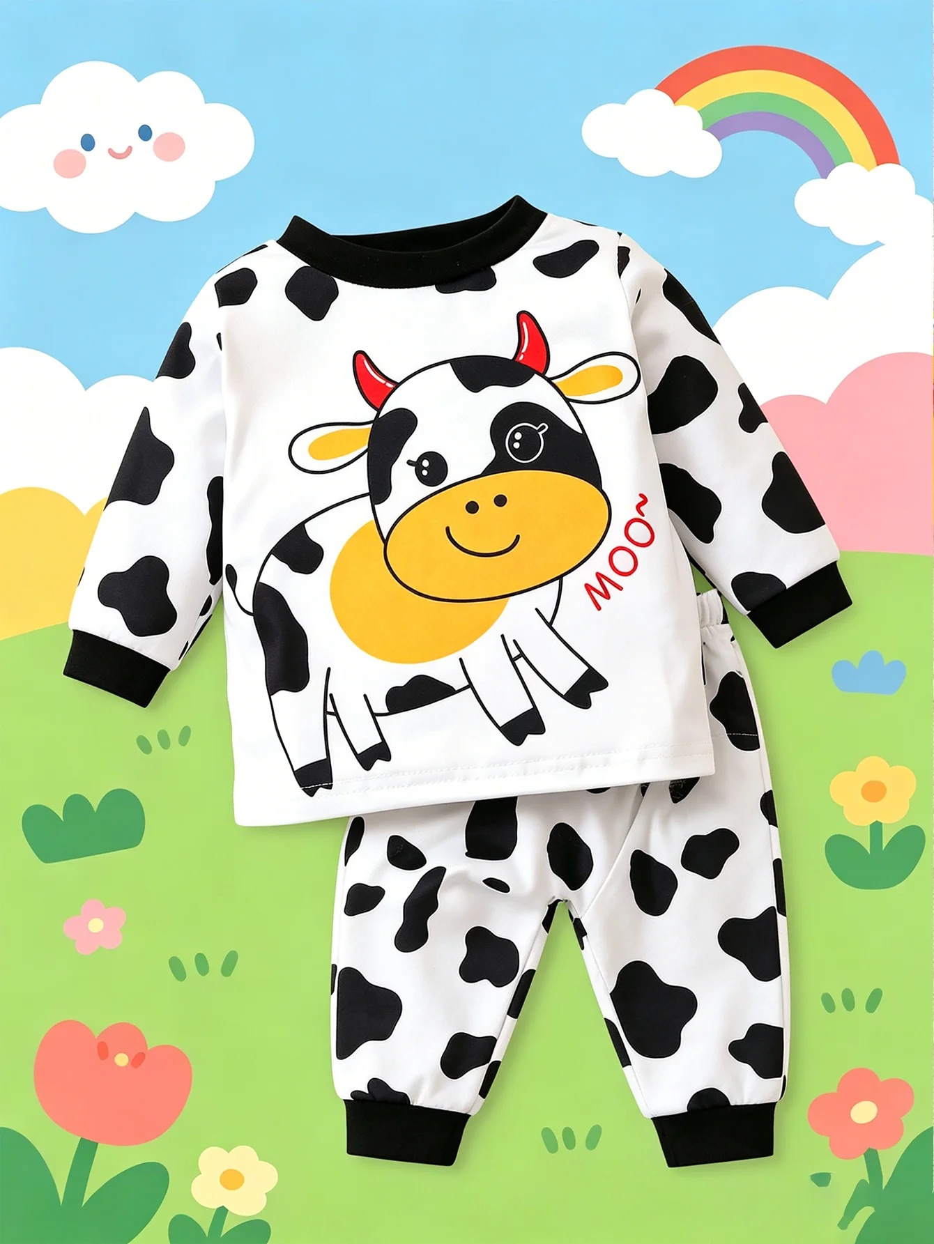 Baby Boys Black White Spotted Cow Print Two-Piece Set Long-Sleeved Round Neck Top with Matching Pants Cute Fashionable Outfit