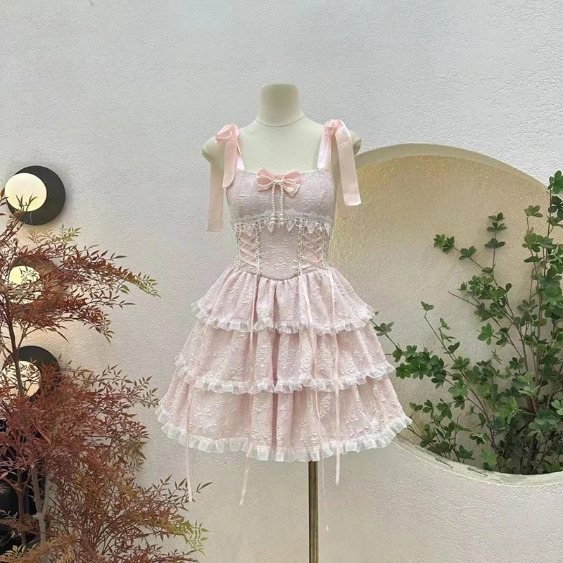 Lolita Sweetheart Carino Camis Dress Donna Patchwork di pizzo Jacquard Abito a strati Jk Cosplay Kawaii Coulisse Abiti da festa