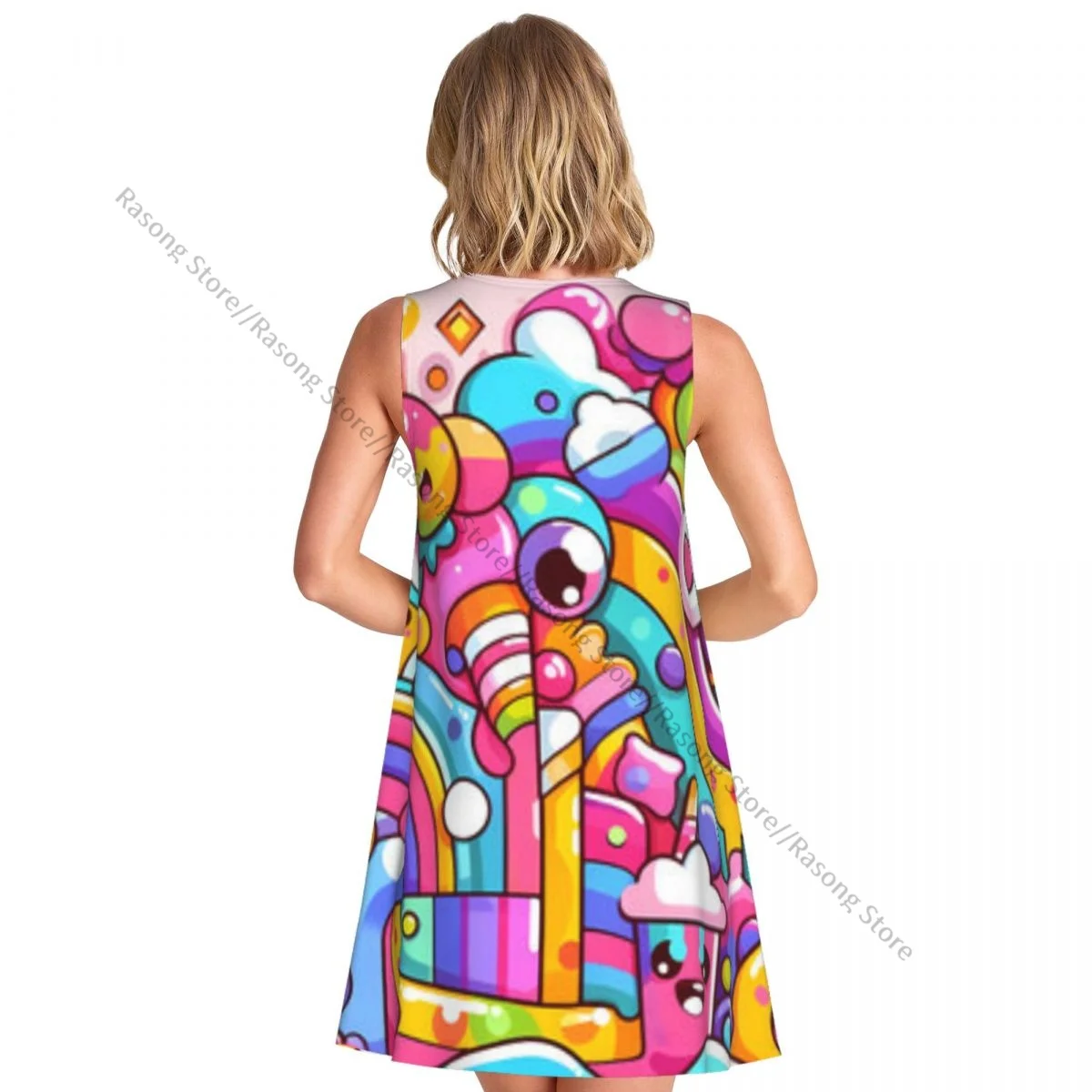 Vestido sin mangas con cuello redondo, monstruos divertidos y fondo colorido, vestido informal hasta la rodilla para mujer, vestidos largos