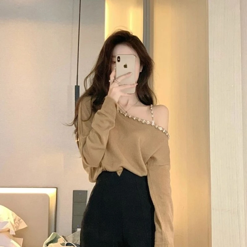 

One-shoulder Sweater Women New Style Hot Diamond Beaded Off-shoulder Top