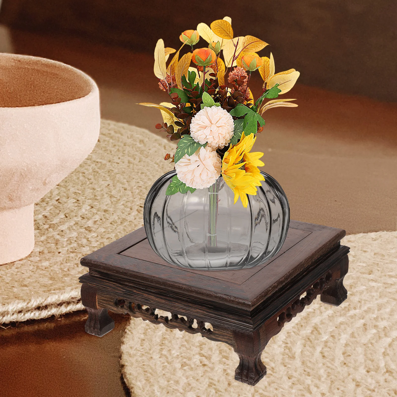 

Wood Carving Display Pedestal Vintage Square Wooden Stand For Vase Plant Pot Craft Home Decor Rack