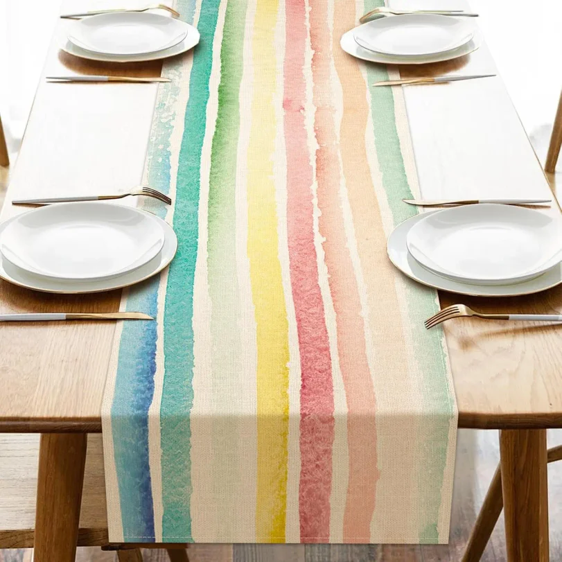 Colorful Rainbow Striped Table Runner Watercolor, Burlap Kitchen Dining Indoor Outdoor Home Party Decor