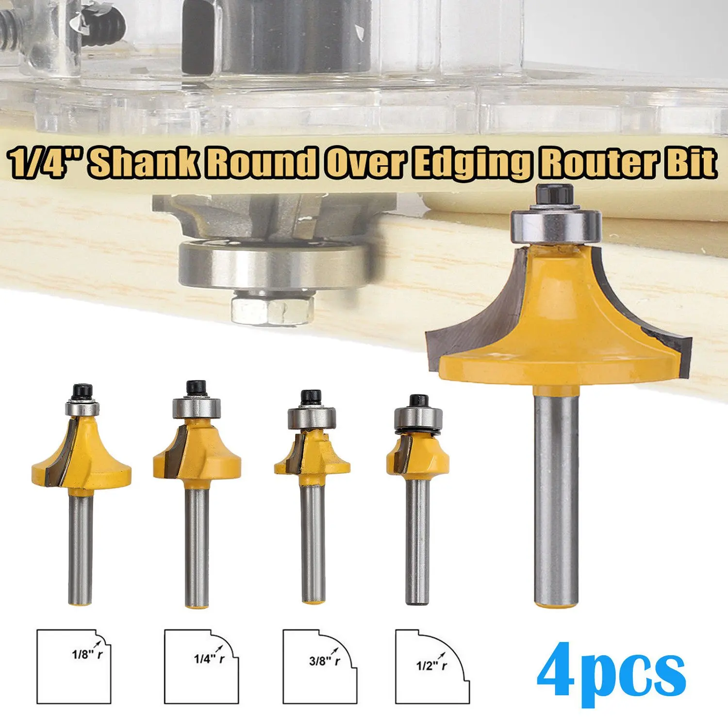 

ABSJ-4X Round Over Edging Router Bit Set 1/4 Inch Shank 1/2 Inch 3/8 Inch 1/4 Inch 1/8 Inch Radius