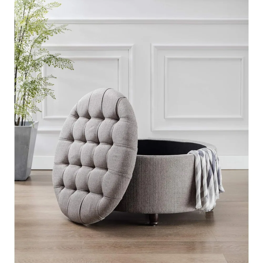 

Classic 28-Inch Wide Button Tufted Round Storage Ottoman Footstool with Lift Off Lid,Gray Fabric,Foot stool for living room,home