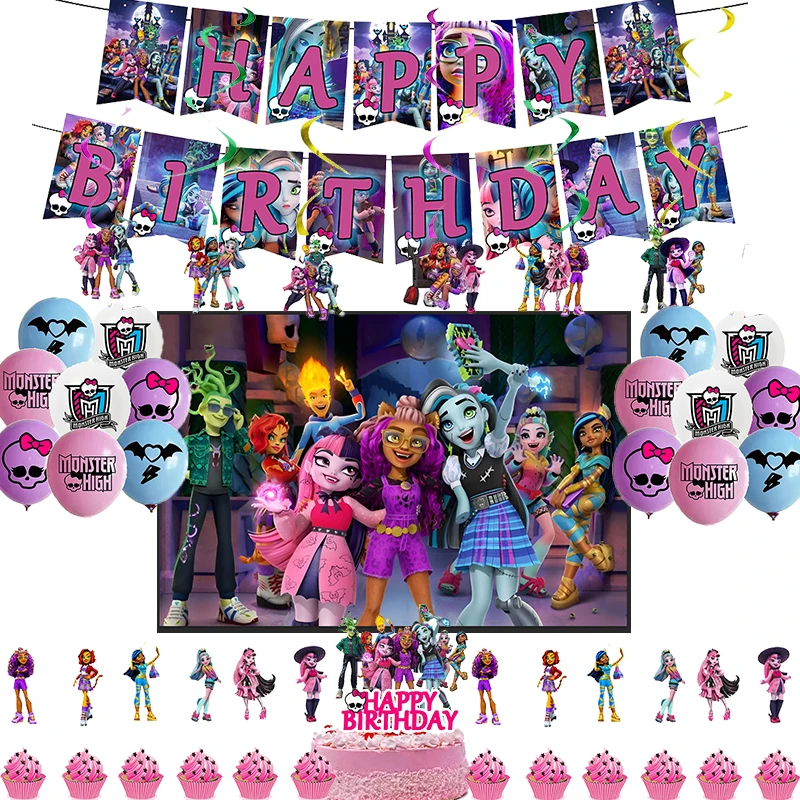 New Monster High Birthday Party Decoration Latex Balloon Photograph Backdrop Tableware Supplies Banner Cake Topper Baby Shower