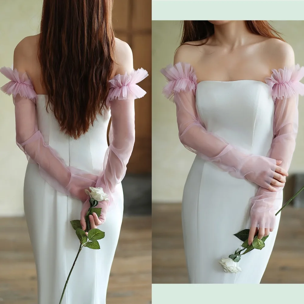 Soft Korean Style Bridal Arm Sleeves Solid Color Yarn Wedding Long Sleeves Gauze Elastic Pleated Lace Arm Covers Festival