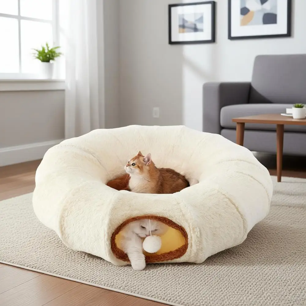 

Туннель-лежанка для дома, туннель-игрушка в форме пончика, малый/большой размер, пещера-убежище для питомцев, игрушки-туннели для игр, для котят/кроликов, бежевый