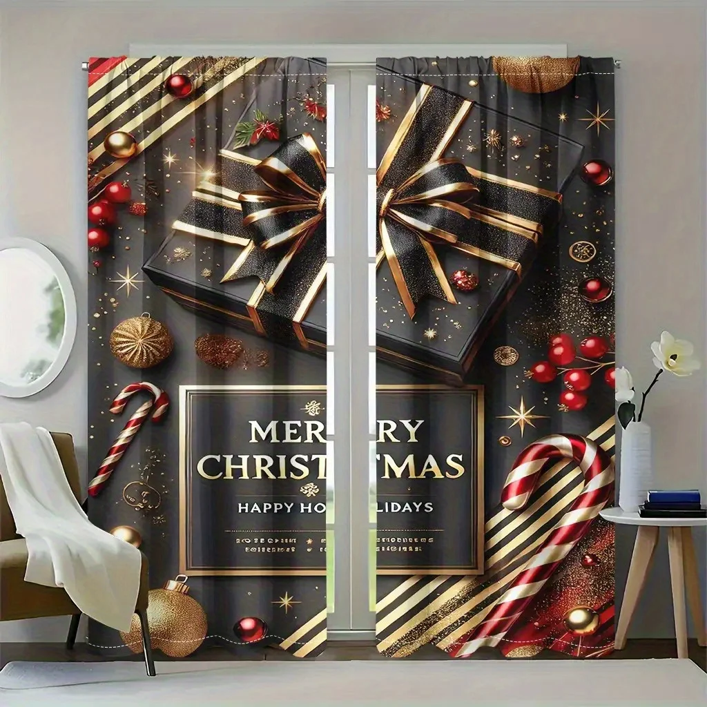 ​​2pcs Black Gold Christmas Curtains with Bow Candy Cane Print,Blackout Polyester Machine Washable for Living Room Bedroom Decor
