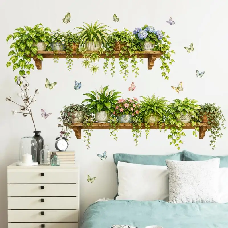 Green Leaves Vine Branch Wall Stickers Peel and Stick Non-Toxic PVC Decals for Bedroom Dining Room Home Background Decor