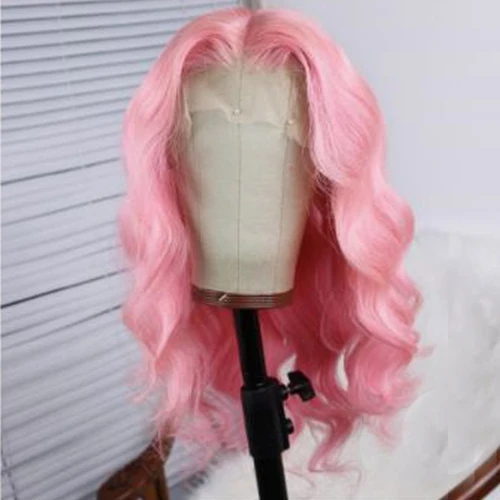 Peluca sintética sin pegamento para mujer, pelo de fibra resistente al calor, encaje frontal prearrancado, color rosa