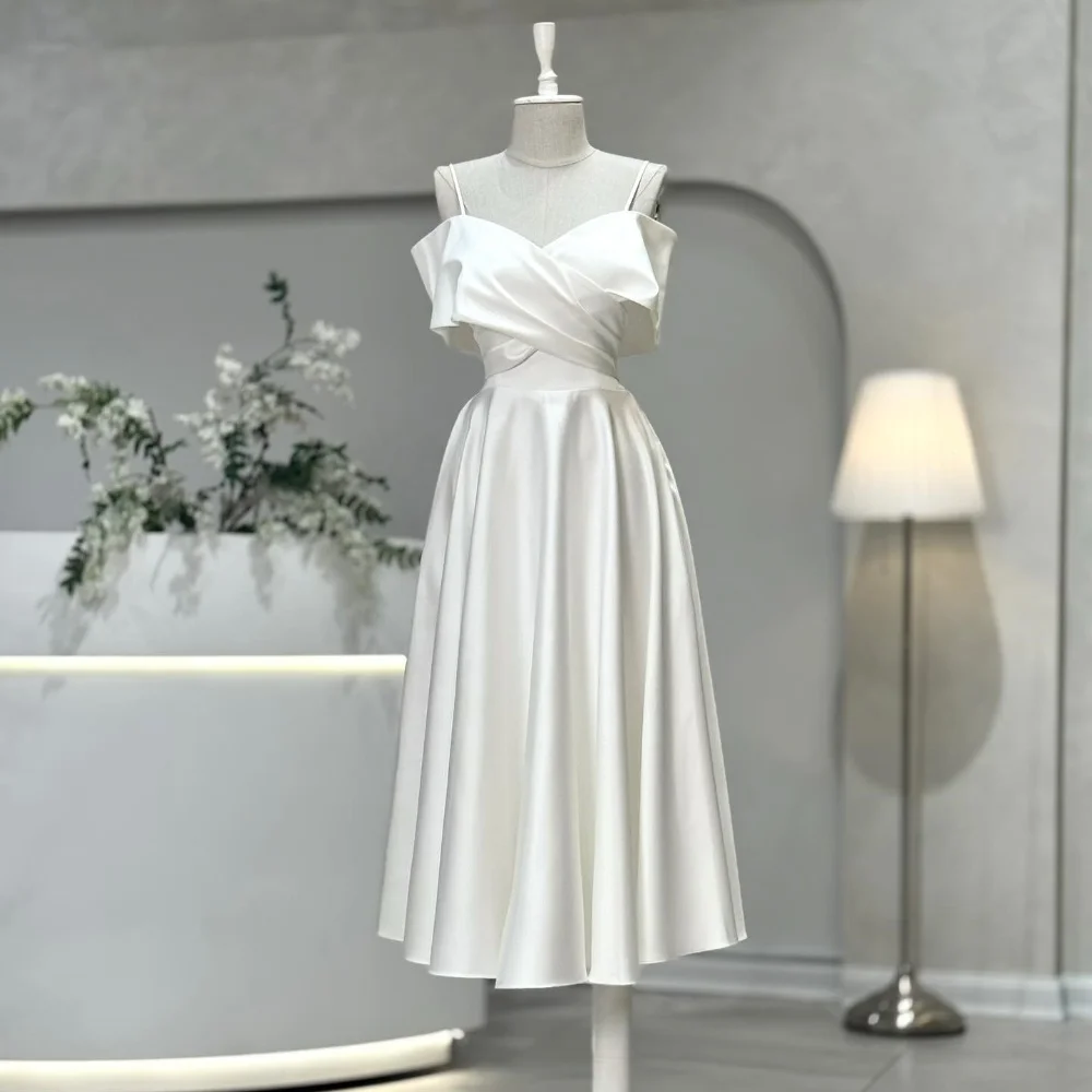 

Customized Fashion Charmeuse Pleat A-line Spaghetti Strap Off-the-shoulder Midi Dresses Bespoke Occasion Simple