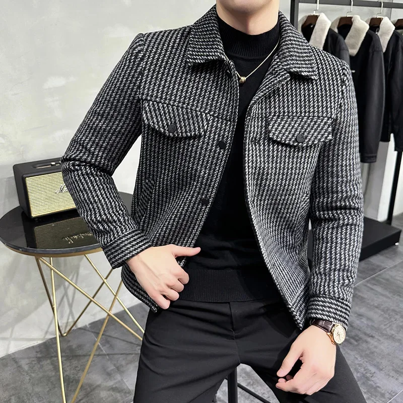 2024 Autumn/Winter Men's Slim Fit Wool Classic Striped Jacket High Quality Business Casual British Style Coat M-3XL