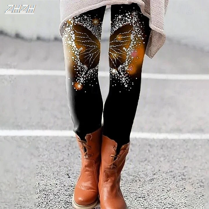 กางเกงเลกกิ้งผู้หญิงลายผีเสื้อ ปี 2025 ผ้าโพลีเอสเตอร์ผสมสแปนเด็กซ์ ยืดหยุ่น เอวยางยืด กระชับทรง เหมาะสำหรับฤดูใบไม้ร่วง ฤดูหนาว สไตล์สตรีทแวร์