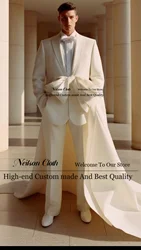 Fashion White Male Prom Blazers 2 Pieces Sets Long Coat + Pants Groom Wedding Tuxedos Luxury Peaked Lapel Terno Masculino