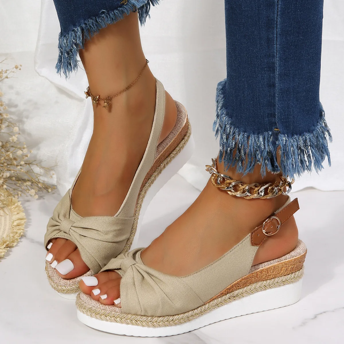 

2023 New Casual Sandals Large Size Jute Rope Knot W Heel Women's oes Low Cut Breathable Upaded Version