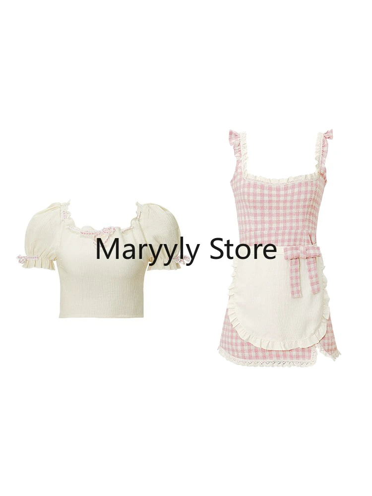 2023 Summer Fashion Outfits Chic White Puff Sleeve Blouse + Pink Plaid Strap Dress Female Sweet Kawaill Y2k Short Party Suits