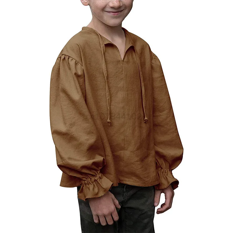 Disfraz renacentista para niño, camisa de manga larga con volantes y cordones, Medieval, Steampunk, Pirata, Cosplay, príncipe, Drama, Tops de escenario para niño