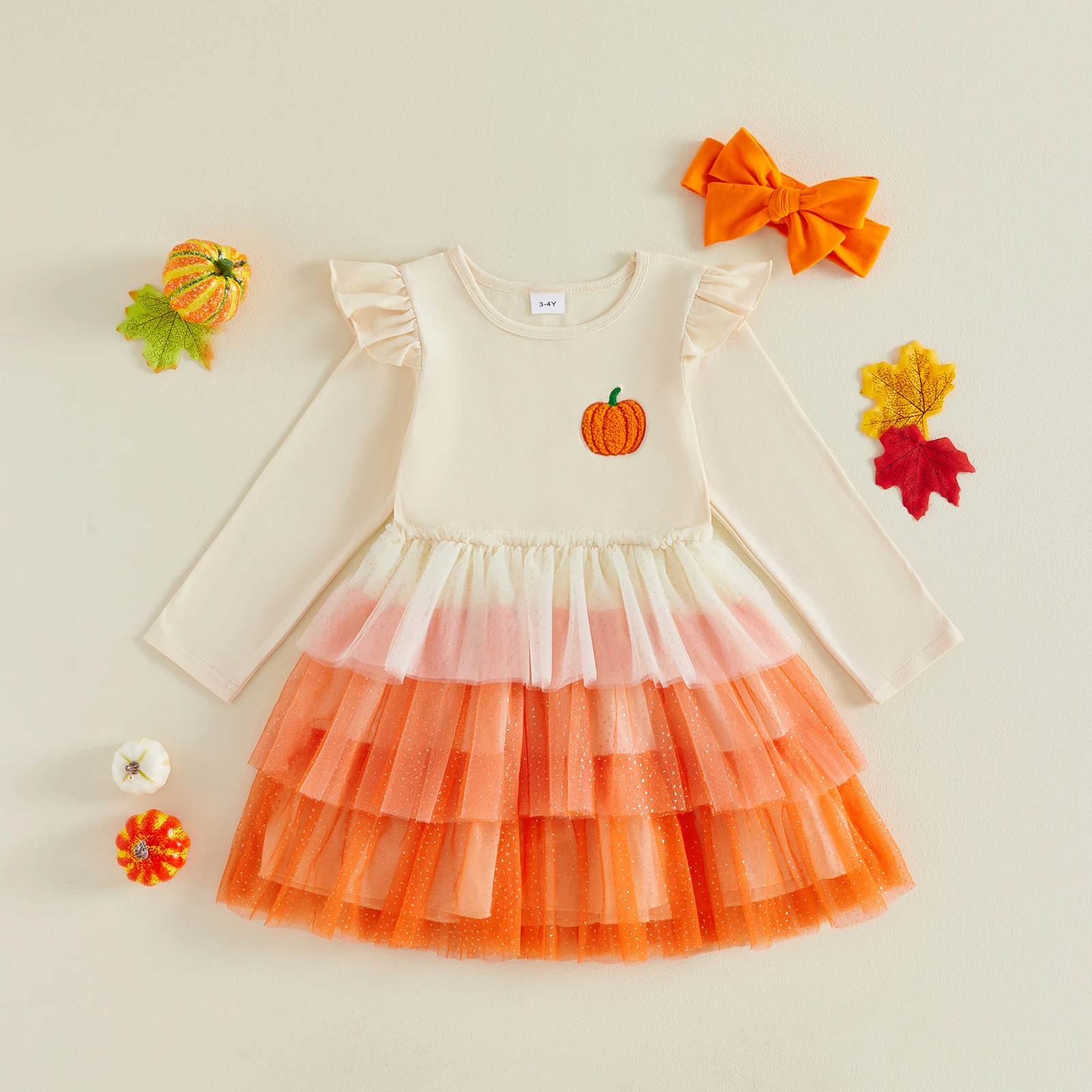Toddler Baby Girl Halloween Dress and Headband Set Ghost/Pumpkin Embroidered Layered Mesh Long Sleeve A Line Dress