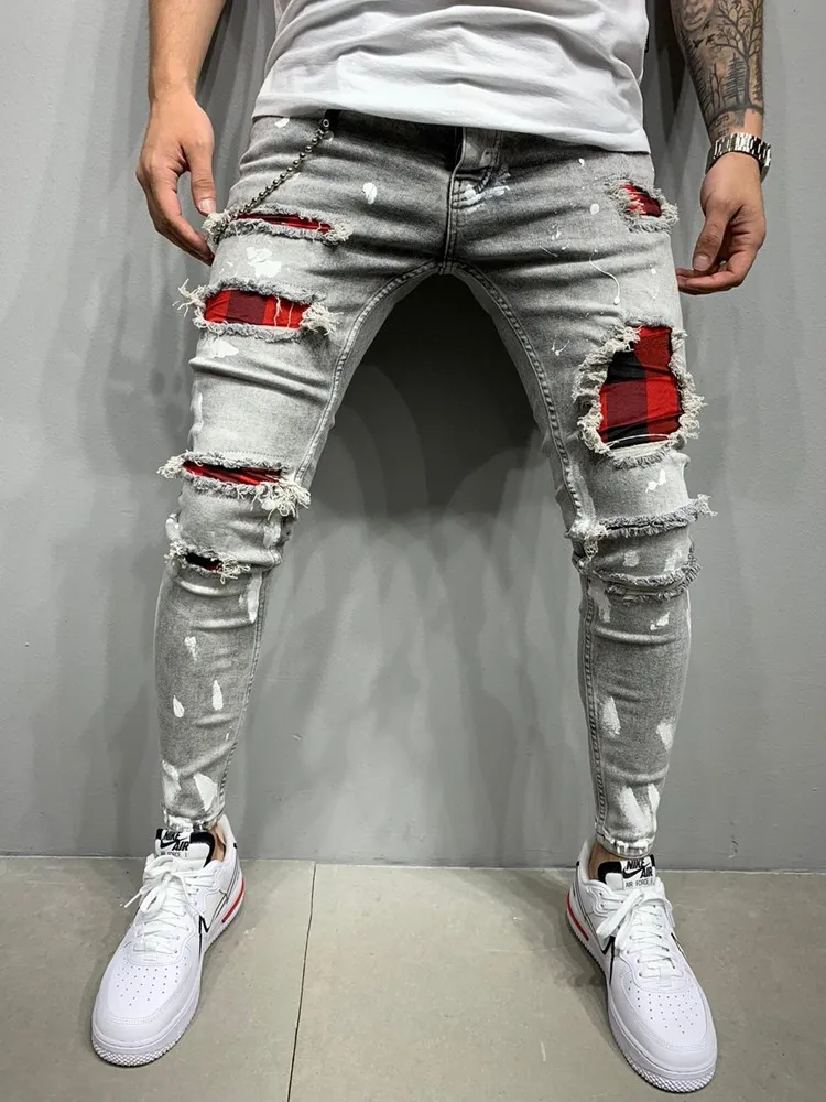 Fashion Street Ripped Jeans 2024 Multi-Patch High Stretch Skinny Pants S-3XL Cycling Hip Hop Style Men's Pants