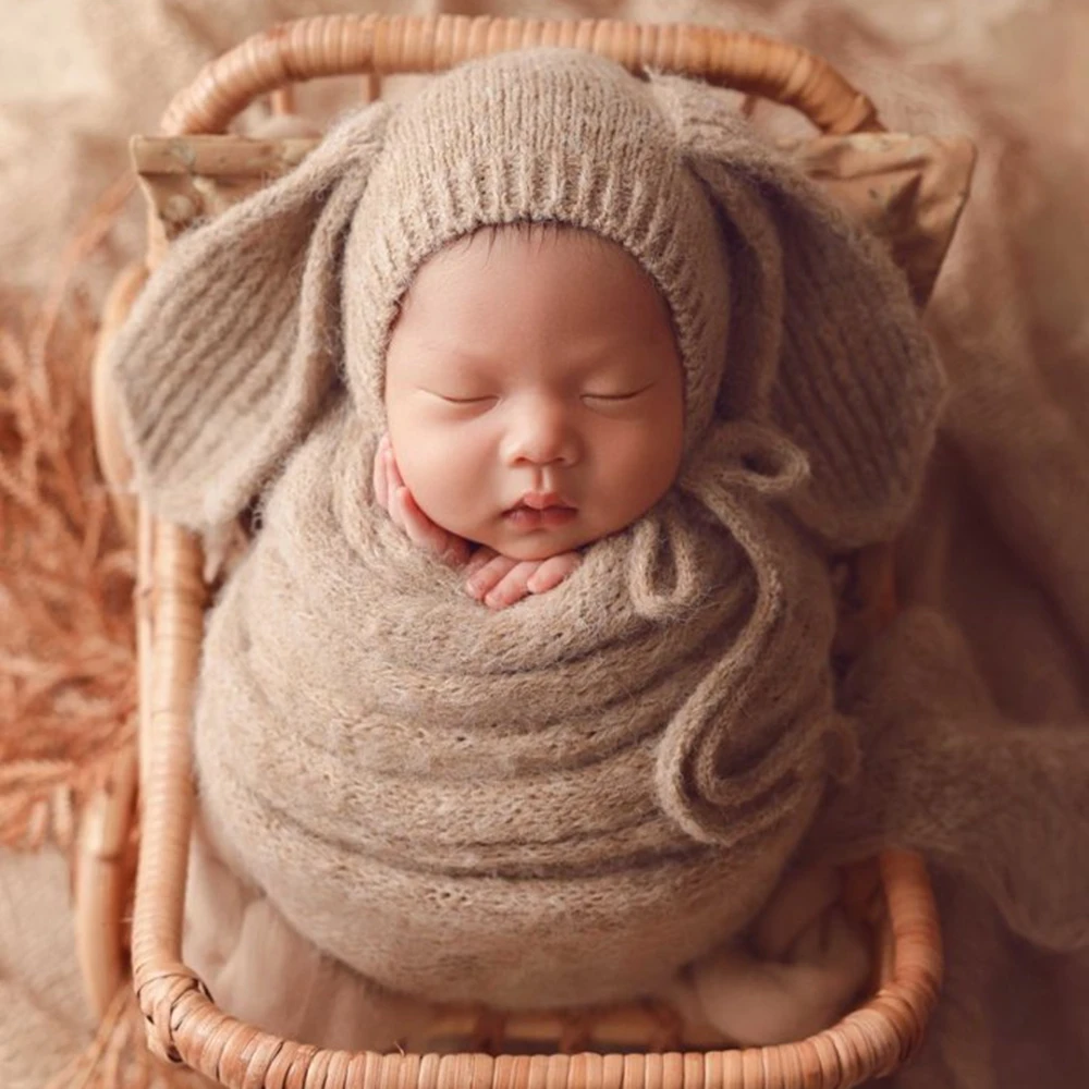 

Вязаная шапочка-бини для новорожденных с длинными ушками, эластичная подушка-обертка, реквизит для фотосессии, наряд для фотосессии новорожденных в виде кролика